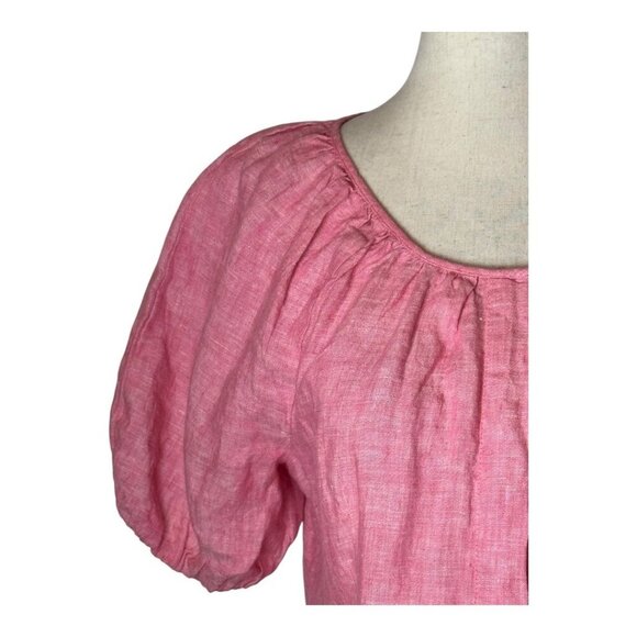 J Crew Shirt Women 0 Pink Linen V Back Short Puff Sleeve Top Preppy Lagenlook - Picture 8 of 14